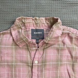 Bonobos Linen Blend Slim Fit Shirt Large Men’s Pink Tan Plaid Long Sleeve
